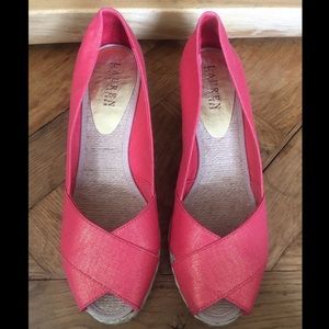 LAUREN RL Coral Canvas Peep-toe Wedges SZ9